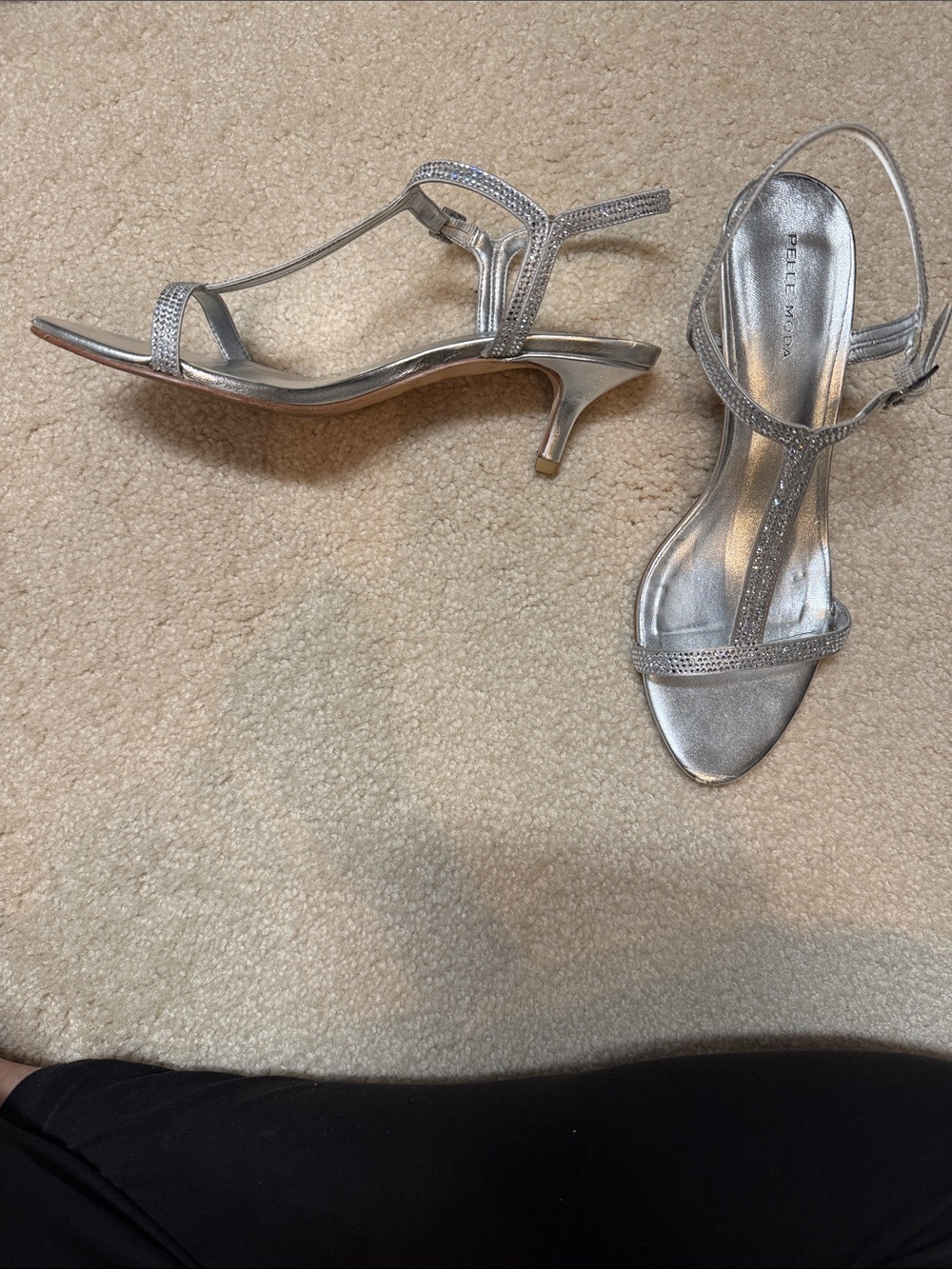 Pelle Moda Silver Rhinestone T-Strap Kitten Heels